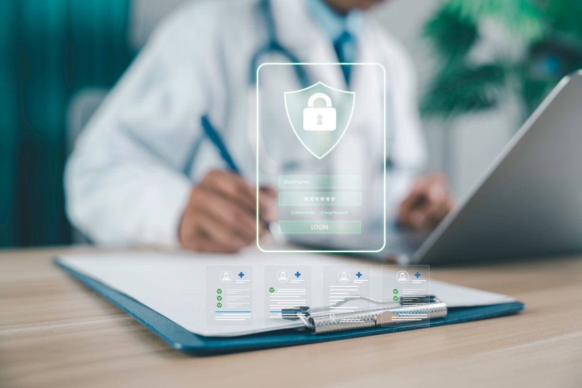 Doctor using tablet with digital security login interface, healthcare data protection, patient privacy, telemedicine technology, medical cybersecurity